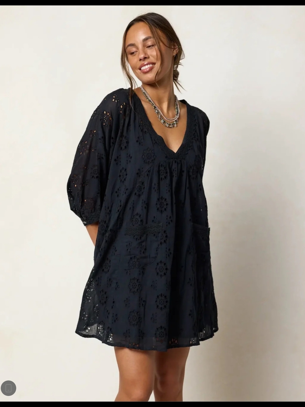 NATURAL LIFE Black Eyelet V-Neck Mini Dress